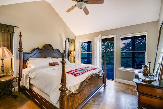 24205 State Highway 71 W, Spicewood, TX 78669 - bedroom featuring access to outside, high vaulted ceiling, ceiling fan, and multiple windows