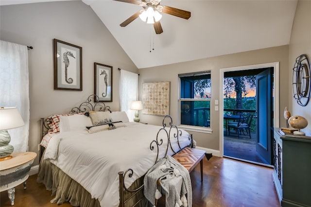 24205 State Highway 71 W, Spicewood, TX 78669 - bedroom featuring access to exterior, vaulted ceiling, a ceiling fan, multiple windows, and finished concrete flooring