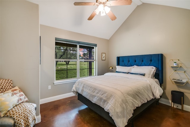 24205 State Highway 71 W, Spicewood, TX 78669 - bedroom with concrete flooring, vaulted ceiling, and a ceiling fan