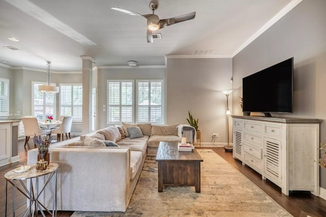11612 Sierra Nevada, Austin, TX 78759 - living area featuring ornamental molding, a ceiling fan, dark wood-style floors, and ornate columns