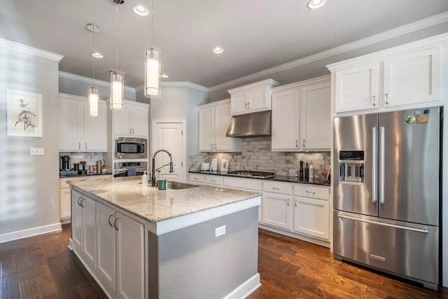 11612 Sierra Nevada, Austin, TX 78759 - kitchen with appliances with stainless steel finishes, white cabinetry, under cabinet range hood, recessed lighting, and ornamental molding
