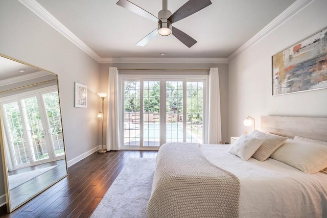 11612 Sierra Nevada, Austin, TX 78759 - bedroom featuring access to exterior, hardwood / wood-style flooring, crown molding, and a ceiling fan