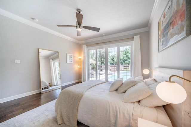 11612 Sierra Nevada, Austin, TX 78759 - bedroom with wood finished floors, crown molding, access to outside, and a ceiling fan