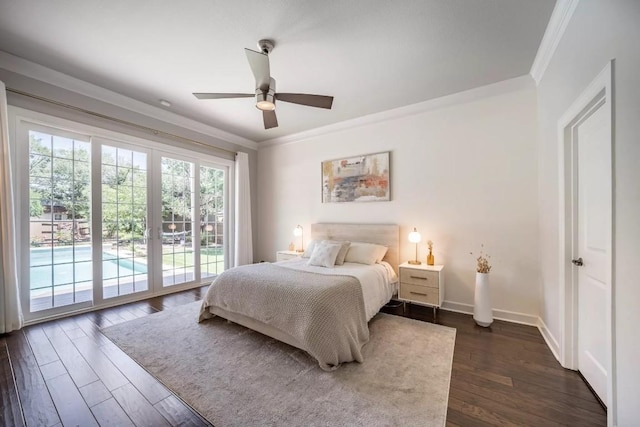 11612 Sierra Nevada, Austin, TX 78759 - bedroom featuring access to exterior, crown molding, dark wood-style flooring, and a ceiling fan