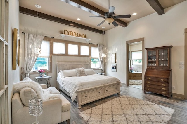 601 Strada Luca, Florence, TX 76527 - bedroom with beamed ceiling, wood finished floors, recessed lighting, a ceiling fan, and ensuite bath