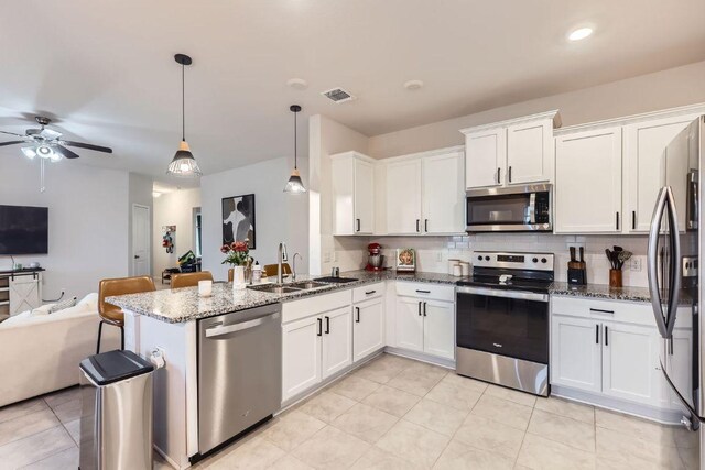 236 Cinnamon Loop, Burnet, TX 78611 - kitchen featuring open floor plan, stainless steel appliances, decorative backsplash, white cabinets, and a peninsula