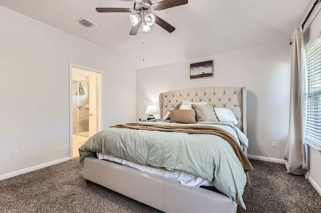 236 Cinnamon Loop, Burnet, TX 78611 - carpeted bedroom with lofted ceiling, ensuite bath, and ceiling fan