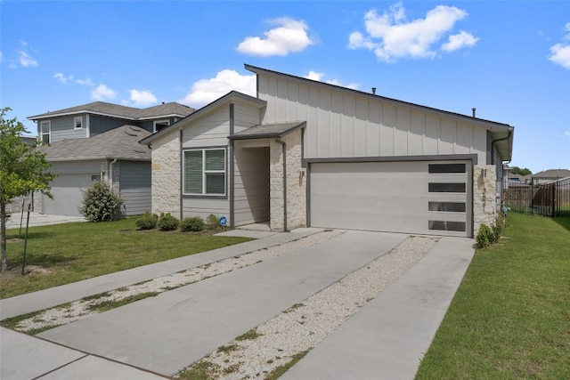 13821 Zuhause Dr, Pflugerville, TX 78660 - view of front facade with board and batten siding, stone siding, a garage, and driveway