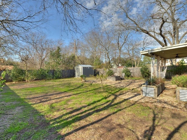 4408 Mount Vernon Dr, Austin, TX 78745 - fenced backyard with a shed and ceiling fan