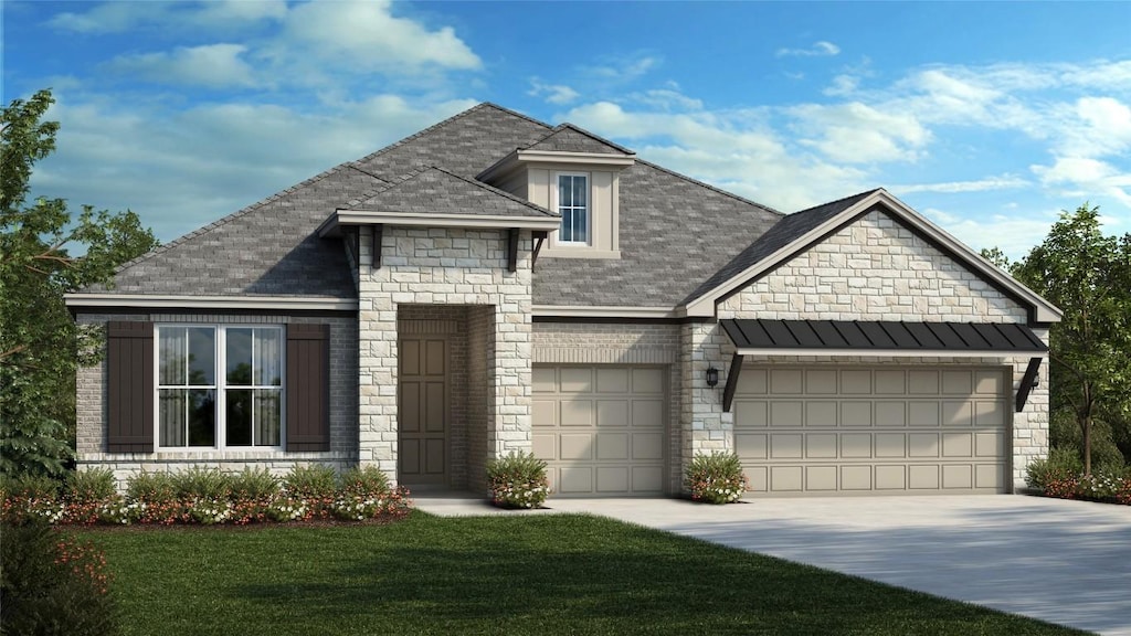 4516 Pleasant Pl, Round Rock, TX 78665 - view of front of home featuring stone siding, concrete driveway, an attached garage, a front yard, and a shingled roof