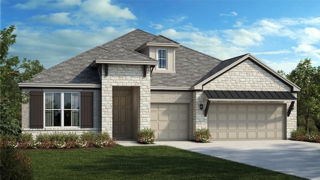 4516 Pleasant Pl, Round Rock, TX 78665 - view of front of home featuring stone siding, concrete driveway, an attached garage, a front yard, and a shingled roof