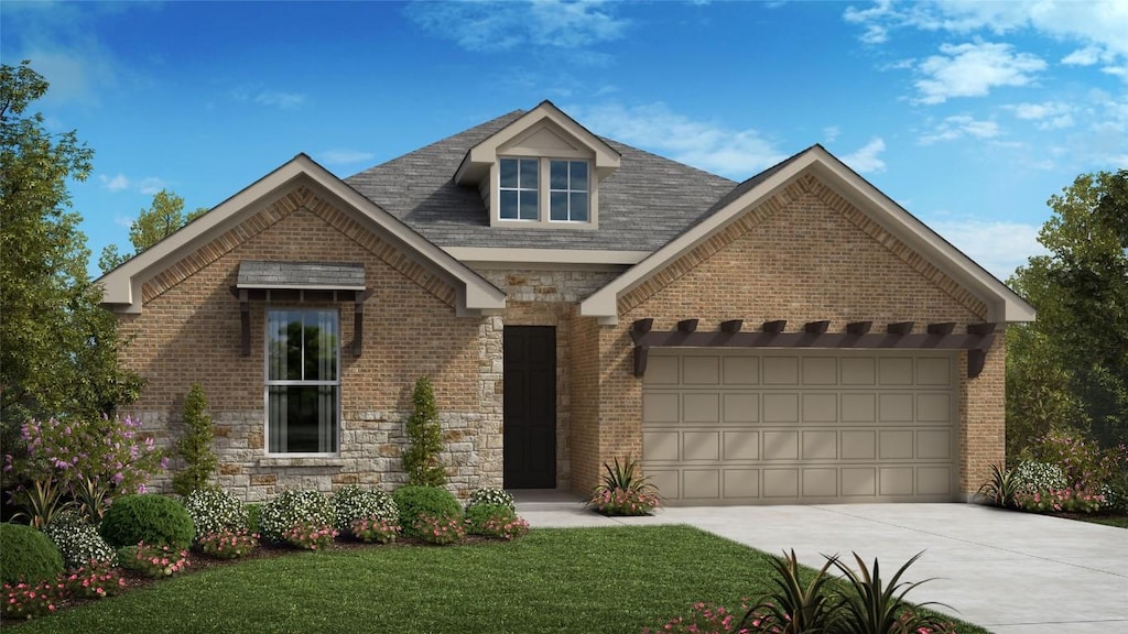 4412 College Square Dr, Round Rock, TX 78665 - view of front facade with driveway, an attached garage, stone siding, a front lawn, and brick siding