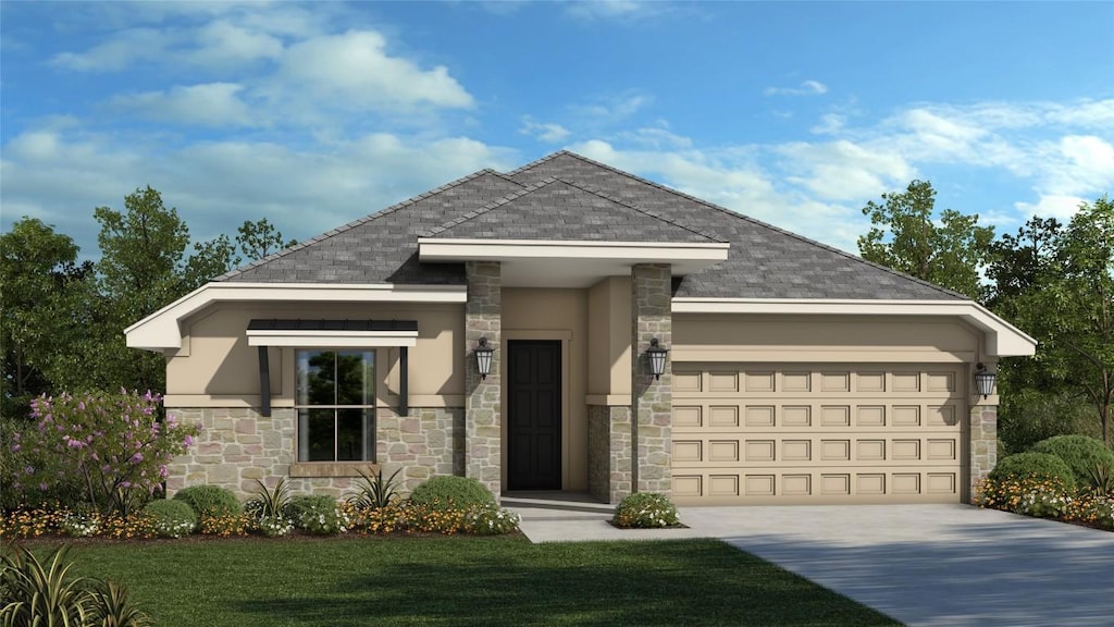 4315 College Square Dr, Round Rock, TX 78665 - view of front facade featuring stone siding, concrete driveway, stucco siding, an attached garage, and a shingled roof