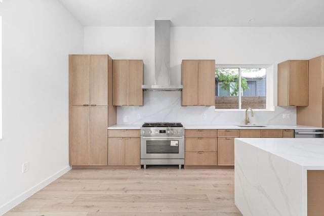 2917 Lyons Rd Unit 1, Austin, TX 78702 - kitchen featuring appliances with stainless steel finishes, light wood finished floors, wall chimney range hood, modern cabinets, and decorative backsplash