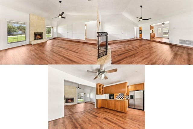 8511 Slant Oak Dr, Austin, TX 78729 - unfurnished living room with a fireplace, ceiling fan, light wood-style flooring, and high vaulted ceiling