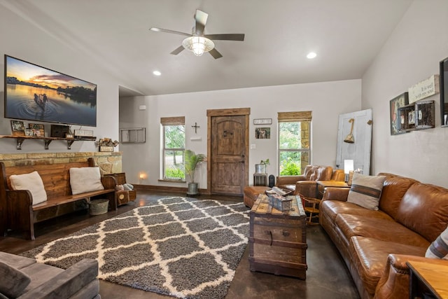 201 N Oak Vista Dr, Burnet, TX 78611 - living area with healthy amount of natural light, ceiling fan, lofted ceiling, recessed lighting, and finished concrete flooring