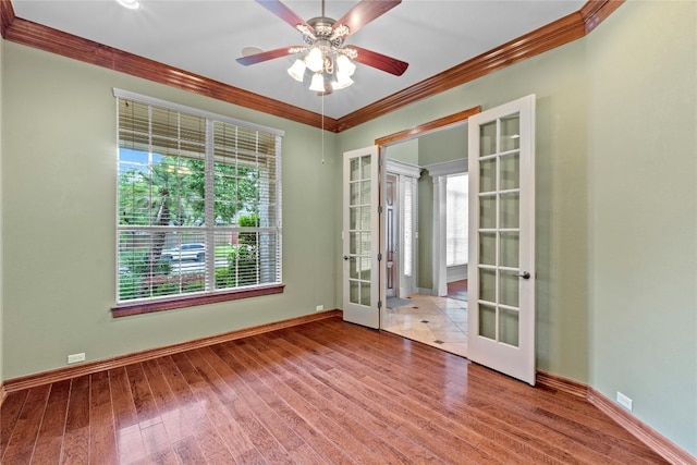 15208 Sunningdale St, Austin, TX 78717 - empty room featuring french doors, crown molding, wood finished floors, and ceiling fan