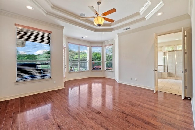 15208 Sunningdale St, Austin, TX 78717 - spare room featuring ornamental molding, hardwood / wood-style floors, ceiling fan, and a raised ceiling