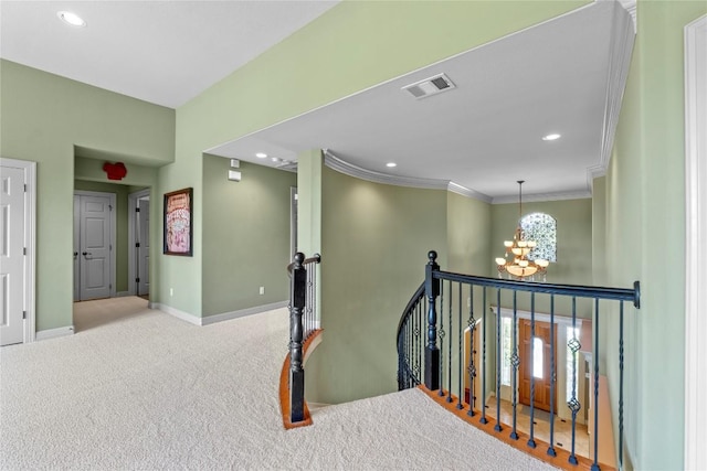 15208 Sunningdale St, Austin, TX 78717 - hall with an upstairs landing, a chandelier, crown molding, carpet, and recessed lighting