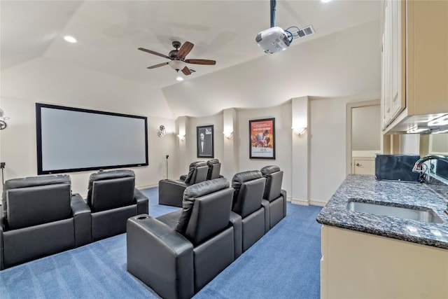 15208 Sunningdale St, Austin, TX 78717 - cinema room featuring vaulted ceiling, ceiling fan, light carpet, and recessed lighting