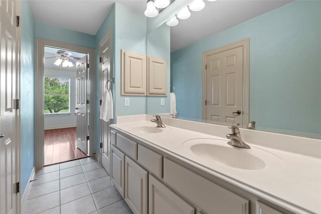 15208 Sunningdale St, Austin, TX 78717 - bathroom featuring double vanity, tile patterned flooring, and ceiling fan