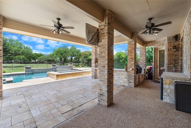 15208 Sunningdale St, Austin, TX 78717 - view of patio / terrace with ceiling fan, an outdoor kitchen, and a pool with connected hot tub