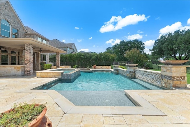 15208 Sunningdale St, Austin, TX 78717 - view of pool featuring a ceiling fan, a patio, and a pool with connected hot tub