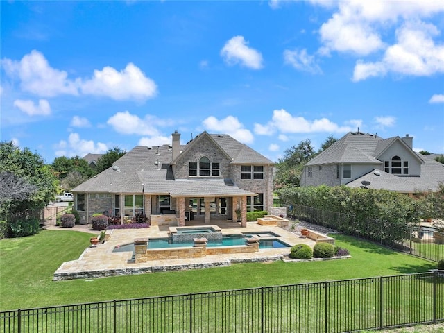 15208 Sunningdale St, Austin, TX 78717 - rear view of house featuring a patio, a pool with connected hot tub, stone siding, and brick siding