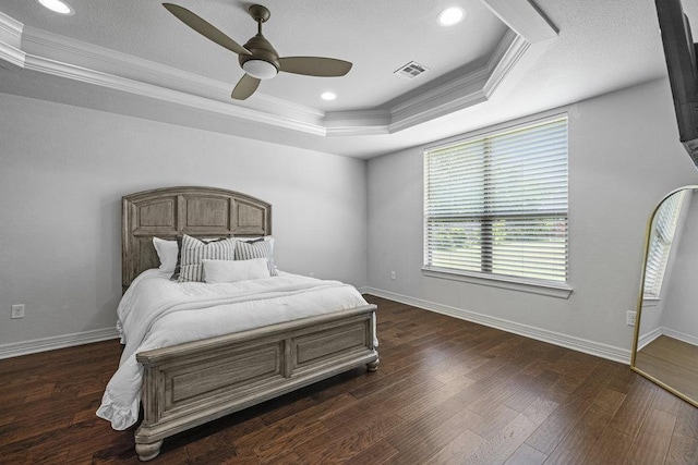 100 Eagle Landing Dr, Belton, TX 76513 - bedroom with crown molding, a raised ceiling, wood finished floors, a ceiling fan, and recessed lighting