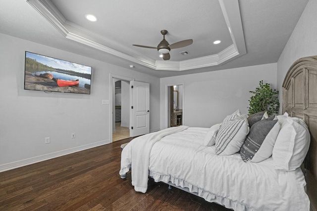 100 Eagle Landing Dr, Belton, TX 76513 - bedroom with a tray ceiling, ornamental molding, wood finished floors, recessed lighting, and ceiling fan