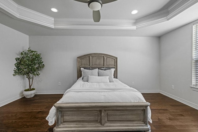 100 Eagle Landing Dr, Belton, TX 76513 - bedroom featuring a raised ceiling, ornamental molding, dark wood finished floors, ceiling fan, and recessed lighting