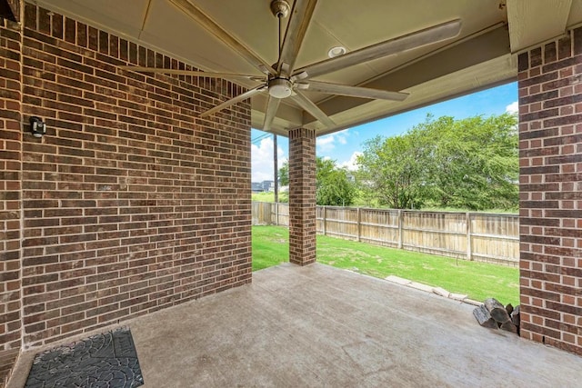 2953 Diego Dr, Round Rock, TX 78665 - fenced backyard featuring a ceiling fan and a patio area