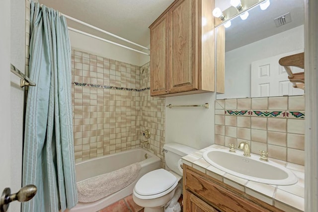817 Mountain Creek Rd, Marble Falls, TX 78654 - full bathroom with shower / bath combo, decorative backsplash, and vanity