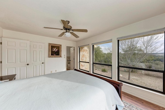 817 Mountain Creek Rd, Marble Falls, TX 78654 - bedroom with wood finished floors and a ceiling fan