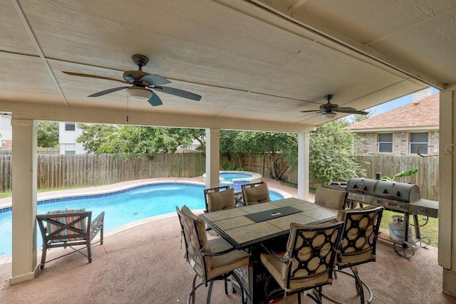 15433 Ozone Pl, Austin, TX 78728 - view of pool featuring a ceiling fan, a fenced backyard, a grill, and a patio area