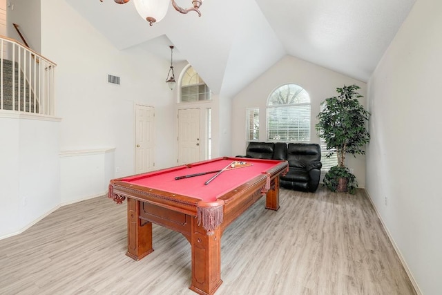 15433 Ozone Pl, Austin, TX 78728 - rec room with light wood-style flooring, billiards table, and lofted ceiling