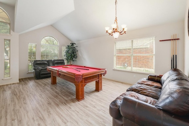 15433 Ozone Pl, Austin, TX 78728 - playroom featuring pool table, a chandelier, light wood-style floors, and vaulted ceiling