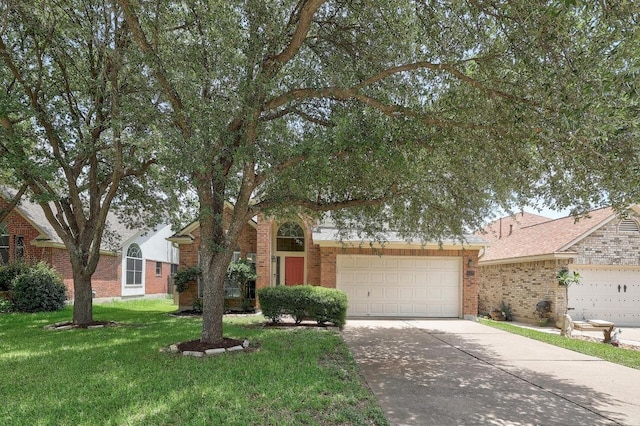 15433 Ozone Pl, Austin, TX 78728 - obstructed view of property featuring brick siding, a front lawn, a garage, and concrete driveway