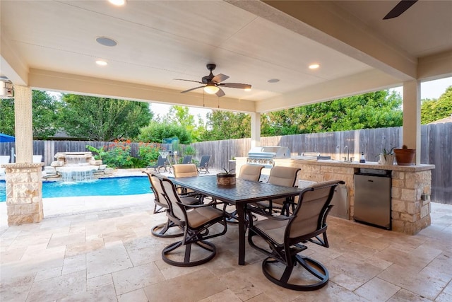 700 Stokesay Castle Path, Pflugerville, TX 78660 - fenced backyard with area for grilling, a ceiling fan, a patio, and outdoor dining area