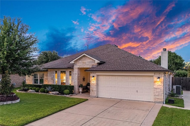 700 Stokesay Castle Path, Pflugerville, TX 78660 - single story home featuring stone siding, driveway, an attached garage, roof with shingles, and a chimney
