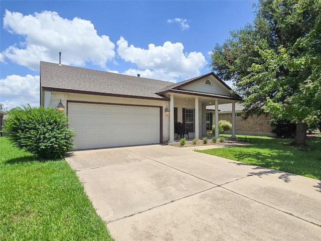 11704 Fletcher Hall Ln, Austin, TX 78717 - ranch-style home with driveway, a garage, brick siding, a front lawn, and covered porch