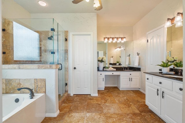 4700 River Place Blvd Unit 3, Austin, TX 78730 - bathroom featuring a stall shower, vanity, a garden tub, and ceiling fan