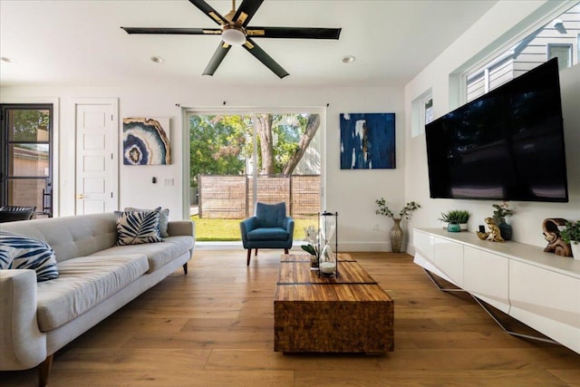 2902 Gonzales St Unit 2, Austin, TX 78702 - living area with hardwood / wood-style floors, a ceiling fan, and recessed lighting