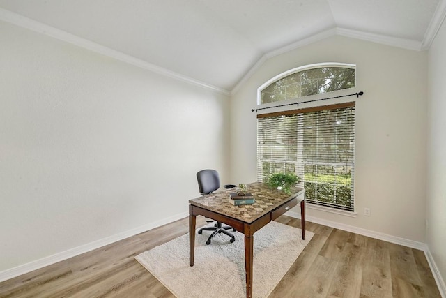 12600 Grimes Ranch Ct, Austin, TX 78732 - office area with vaulted ceiling, light wood-type flooring, and ornamental molding