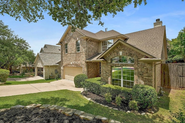 12600 Grimes Ranch Ct, Austin, TX 78732 - view of front of home featuring concrete driveway, an attached garage, roof with shingles, a chimney, and stone siding