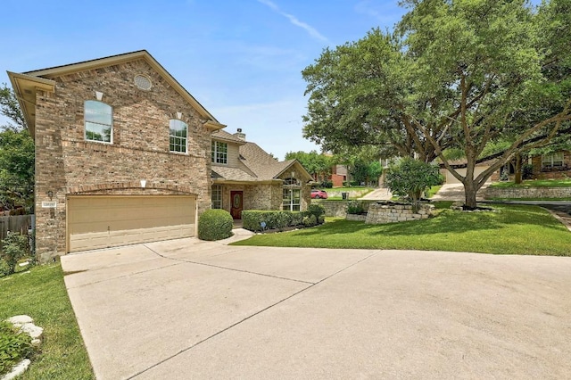 12600 Grimes Ranch Ct, Austin, TX 78732 - view of front of house featuring driveway, a garage, brick siding, a front yard, and a chimney