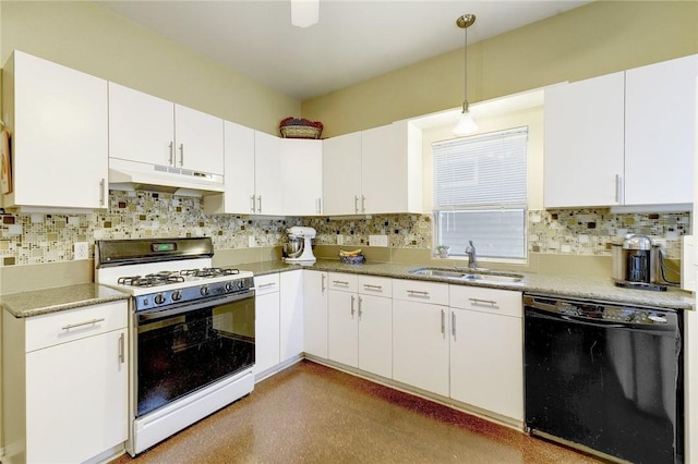 kitchen featuring black dishwasher, white cabinetry, white gas range, backsplash, and sink