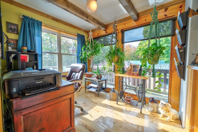 office with hardwood / wood-style flooring and beamed ceiling