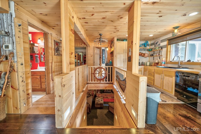 interior space with wood walls, wood ceiling, and wood-type flooring