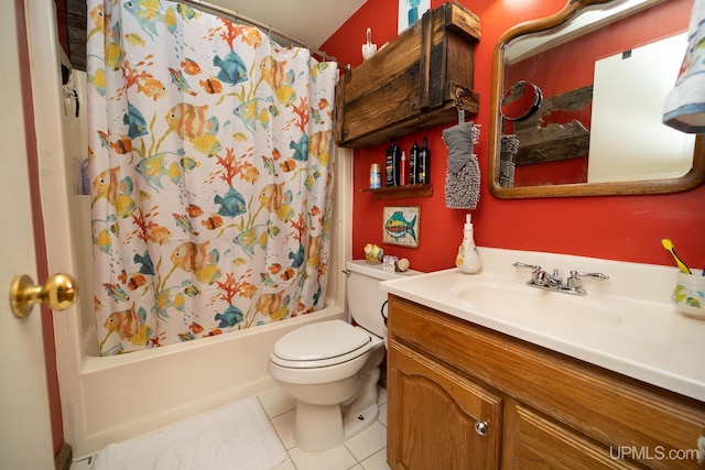 full bath featuring shower / bathtub combination with curtain, vanity, toilet, and tile patterned floors